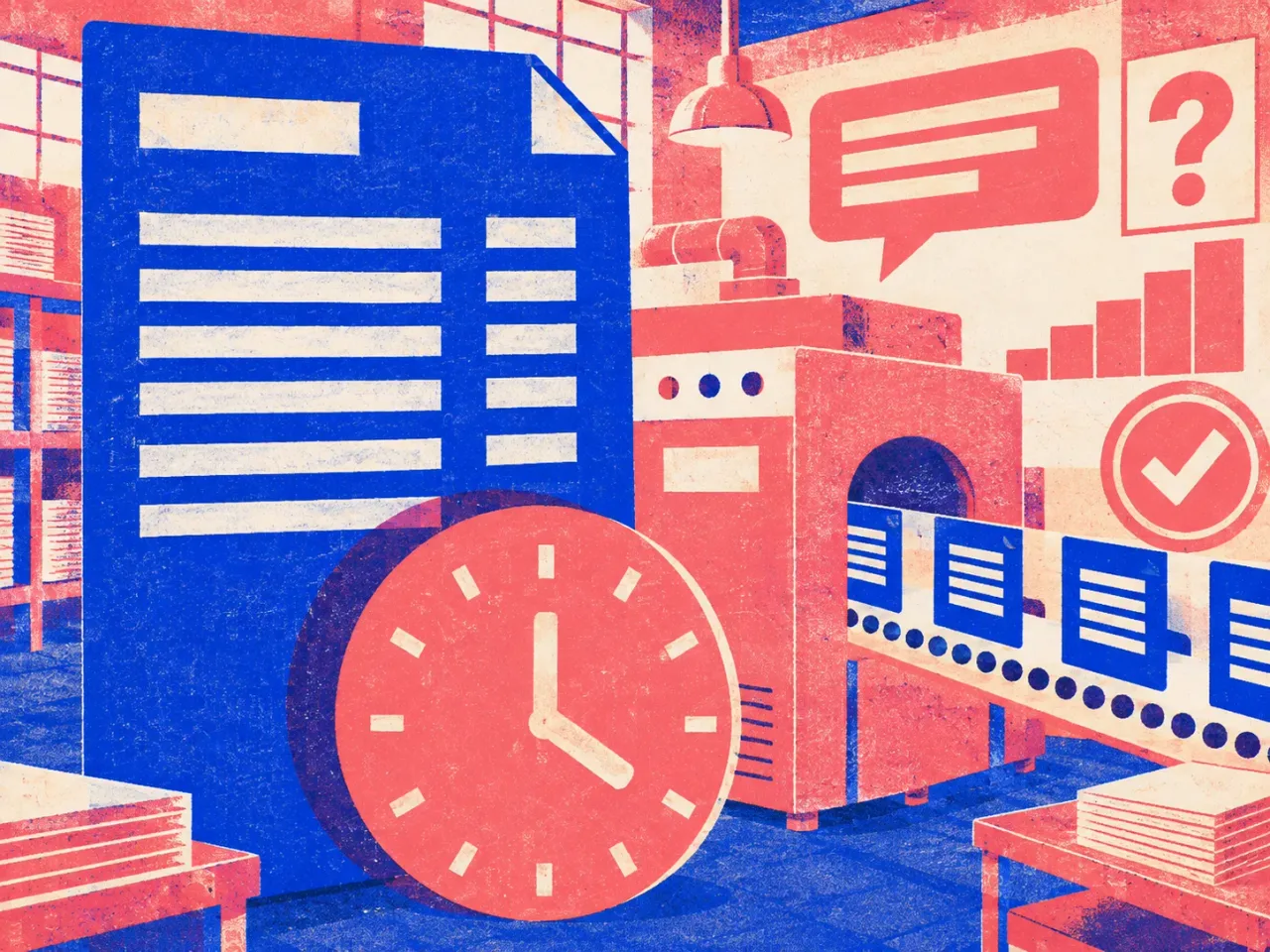 Diagram of an hourly invoice and a clock beside an automated press turning out a steady rail of published article cards.