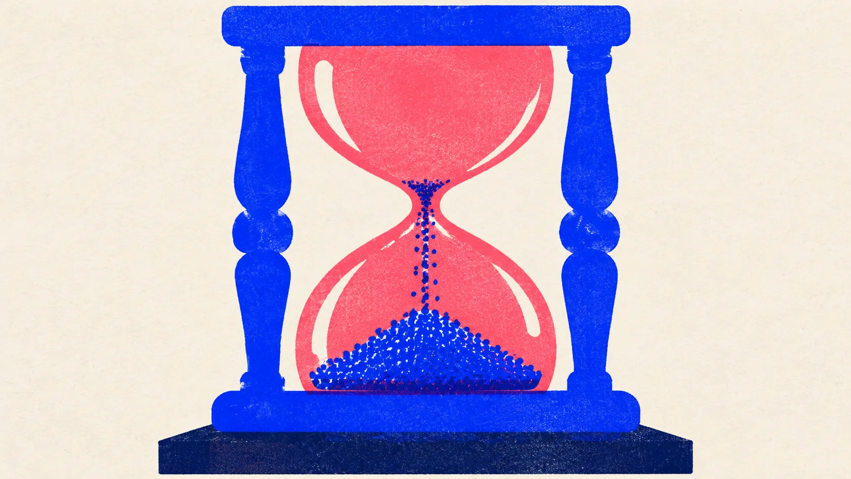 Illustration of a large hourglass in a heavy frame with chunky grains heaped in the lower bulb and a thin column falling through the waist.