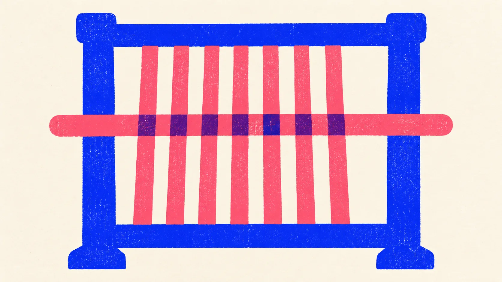 Illustration of a large loom frame with eight thick threads pulled taut top to bottom and a heavy bar drawn across them.