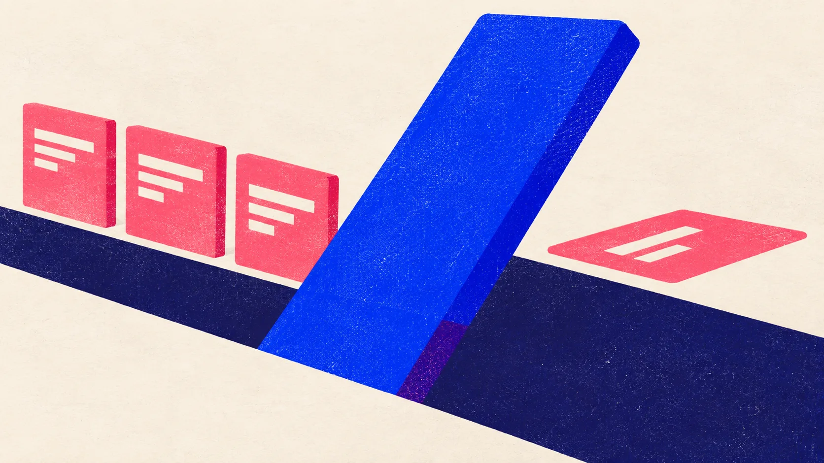 Illustration of a heavy slab raised at an angle across a wide channel, three flat panels queued behind it and one panel lying flat on the far side.