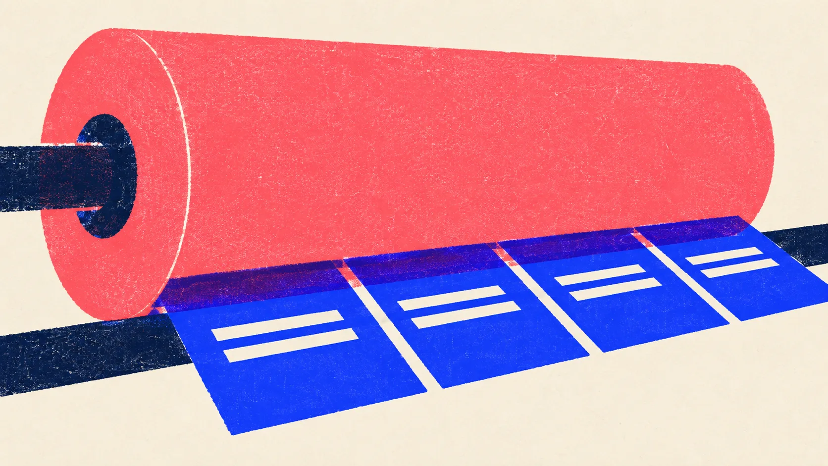 Illustration of a massive roller cylinder on a heavy axle pressing flat panels out in a single row onto a rail.