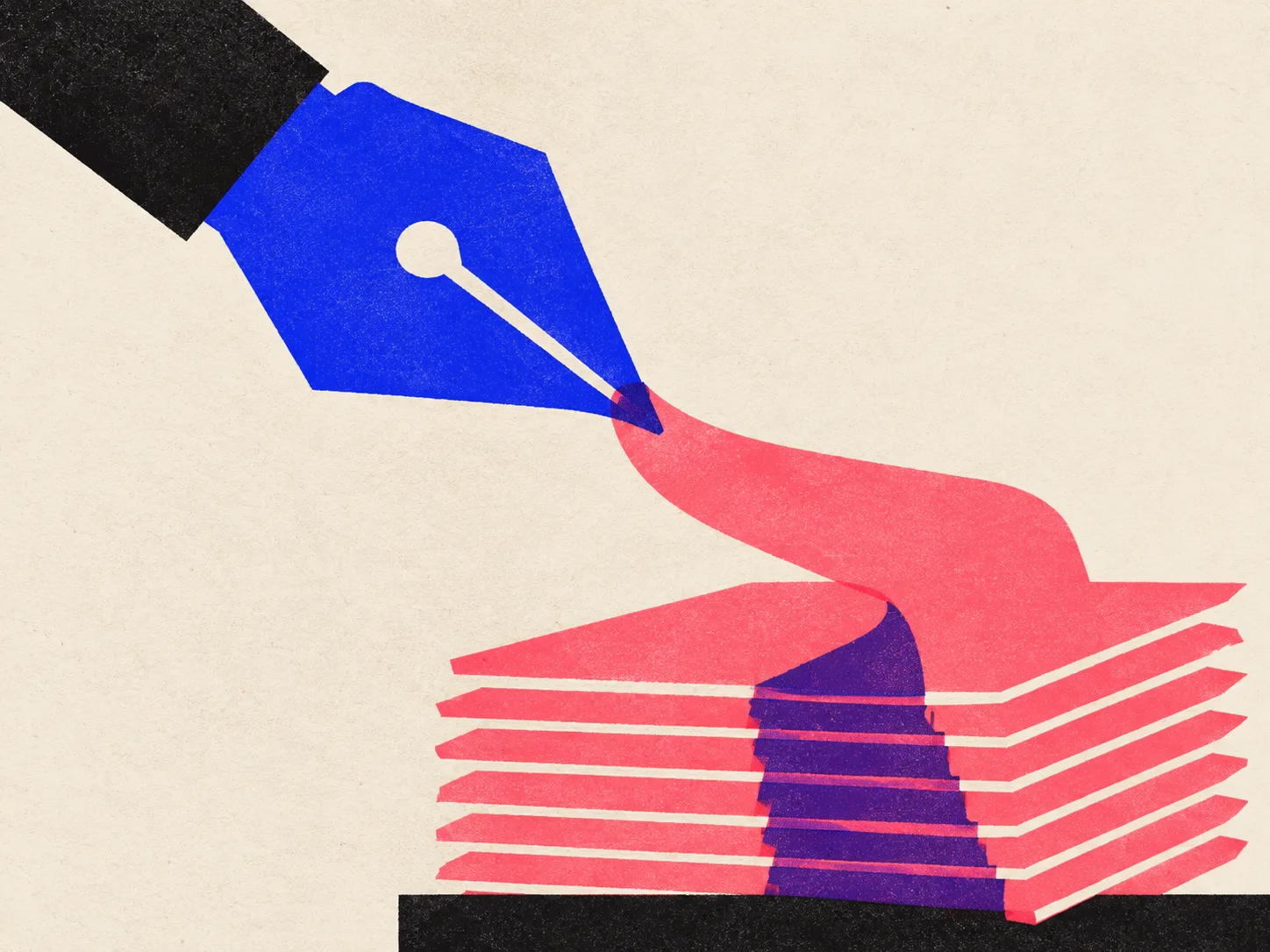 Diagram of an oversized pen nib pouring a single wide stream that folds down into a tall stack of finished article panels.