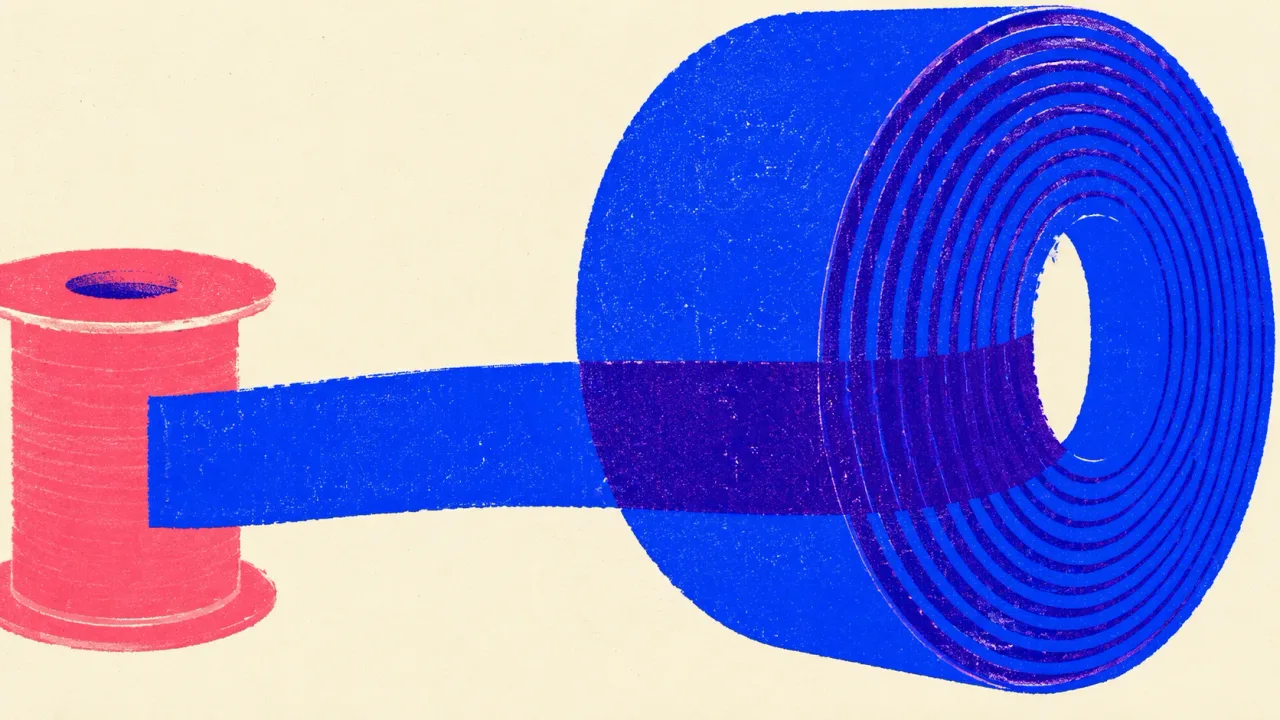 Diagram of a small spool unwinding a ribbon that coils into a roll many times its size.