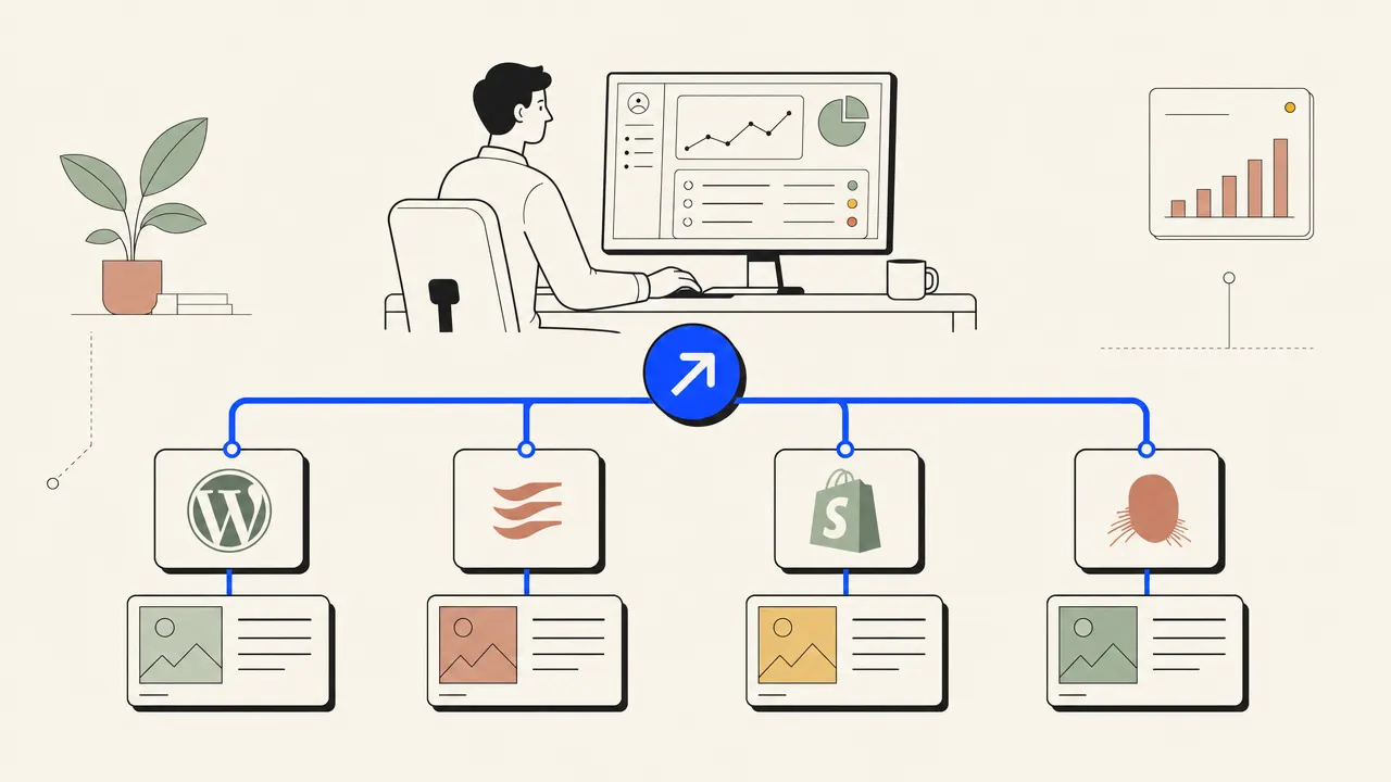 Illustration of separate client project queues routing approved articles into WordPress, Webflow, Shopify, and Ghost sites.