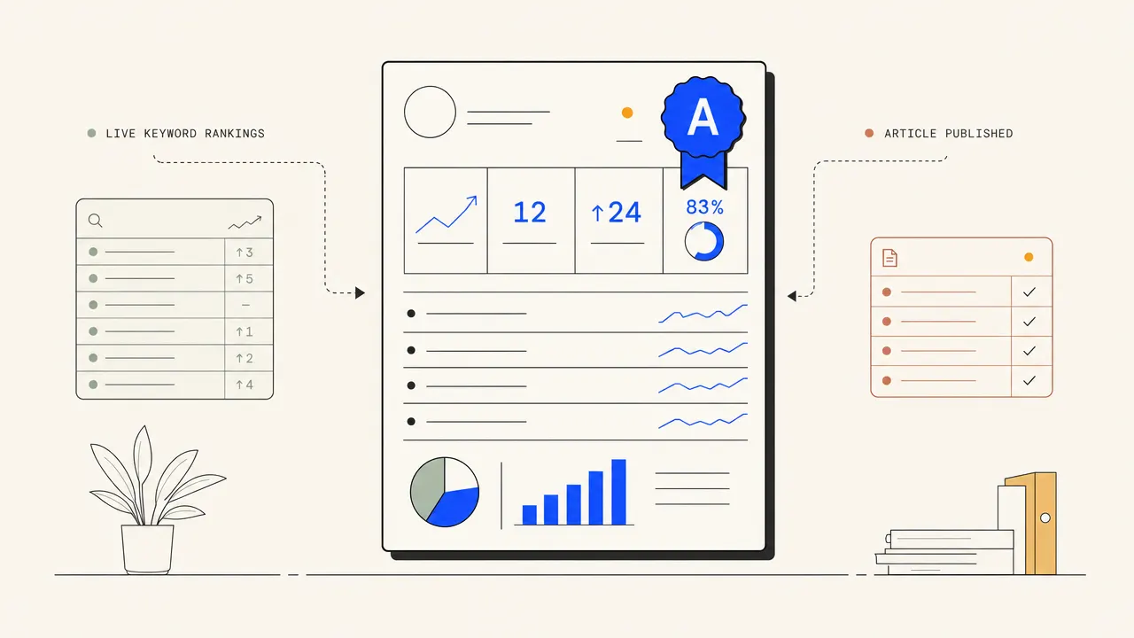 Illustration of a client delivery ledger showing a keyword target, quality result, published URL, and ranking movement.