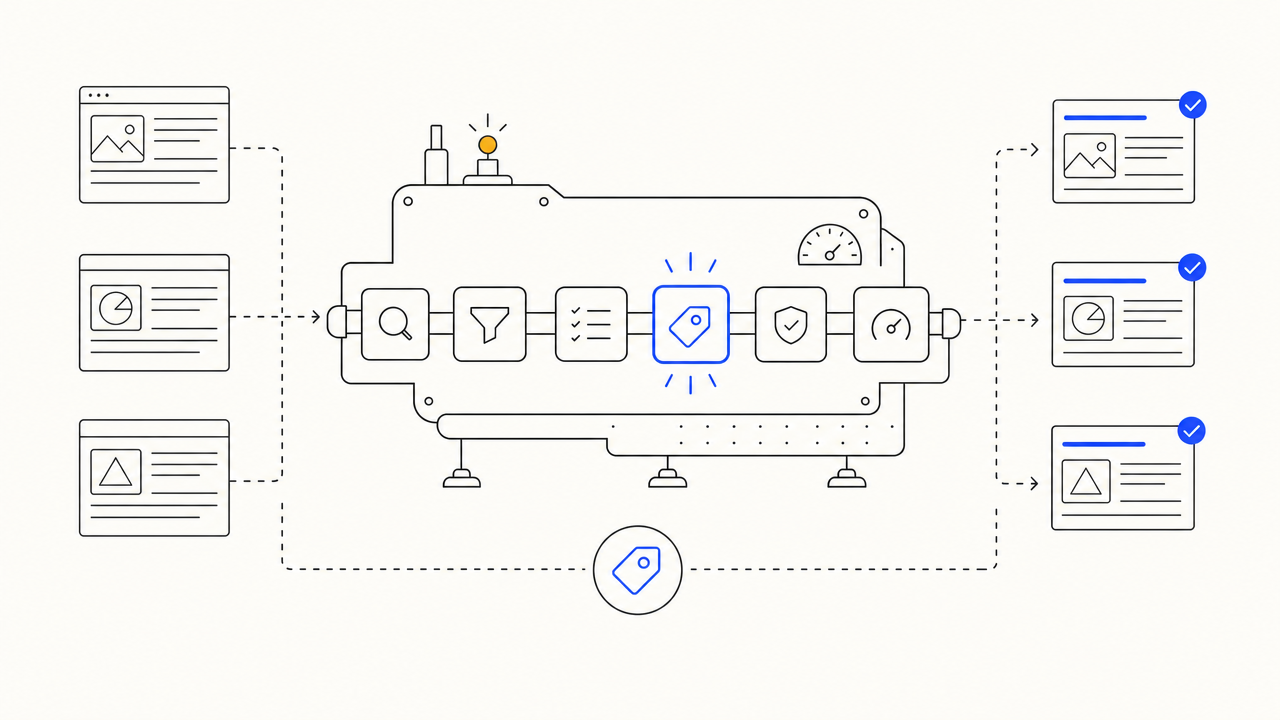 Illustration of one title-generation stage feeding a longer publishing pipeline with quality-gate and CMS publish steps.