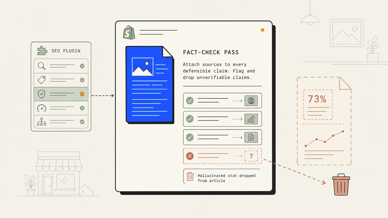 Illustration of a Shopify blog draft with citation badges attached to claims and one hallucinated sentence removed.