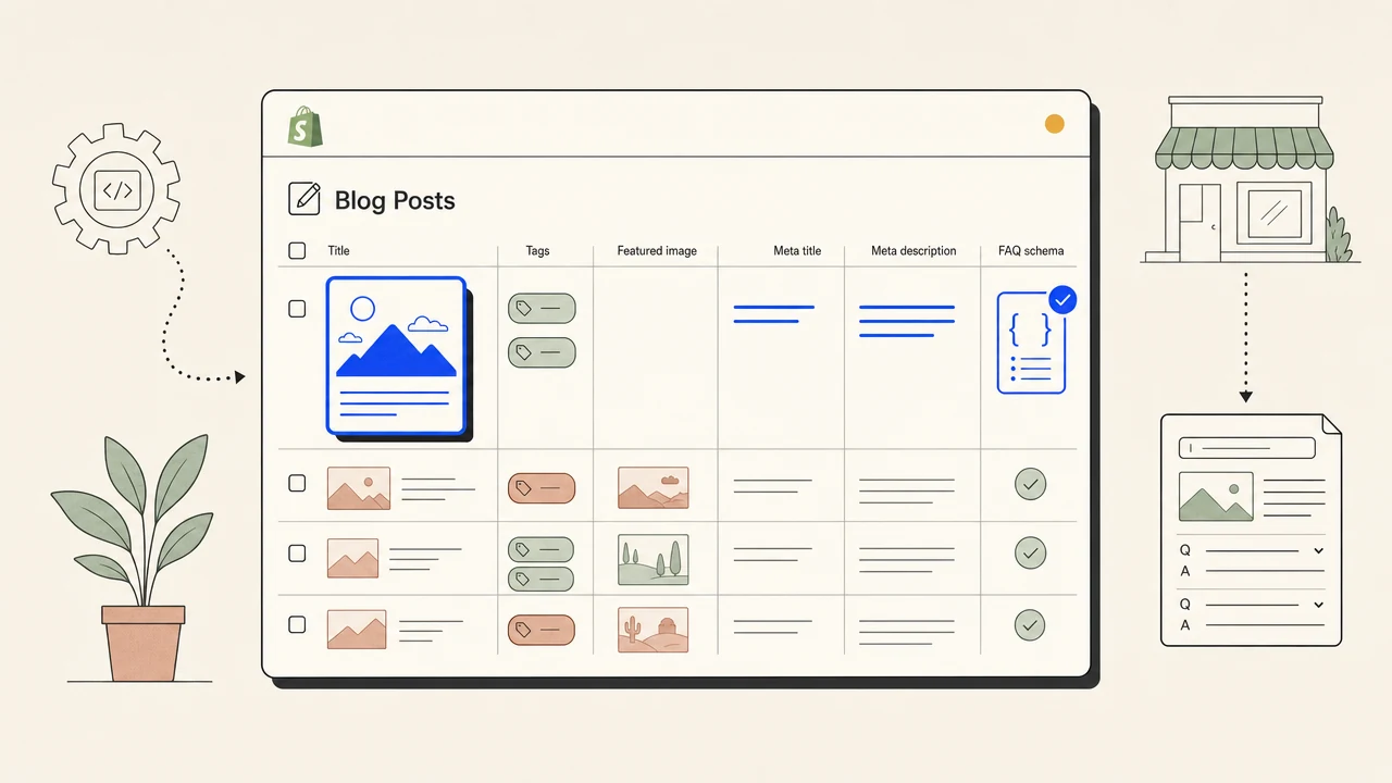 Illustration of a finished article landing inside the Shopify Online Store Blog Posts table with featured image, tags, and meta fields populated.