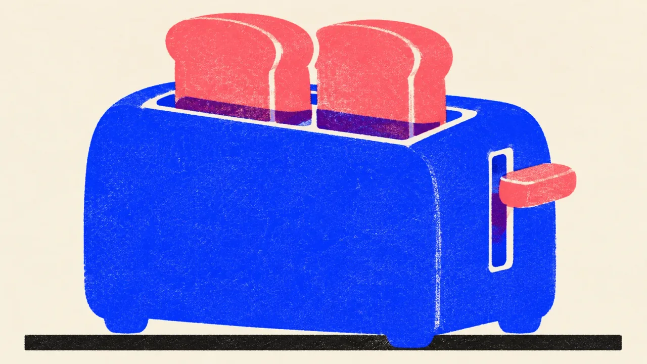 Illustration of a retro toaster with two identical slices of toast popping up at the same height.