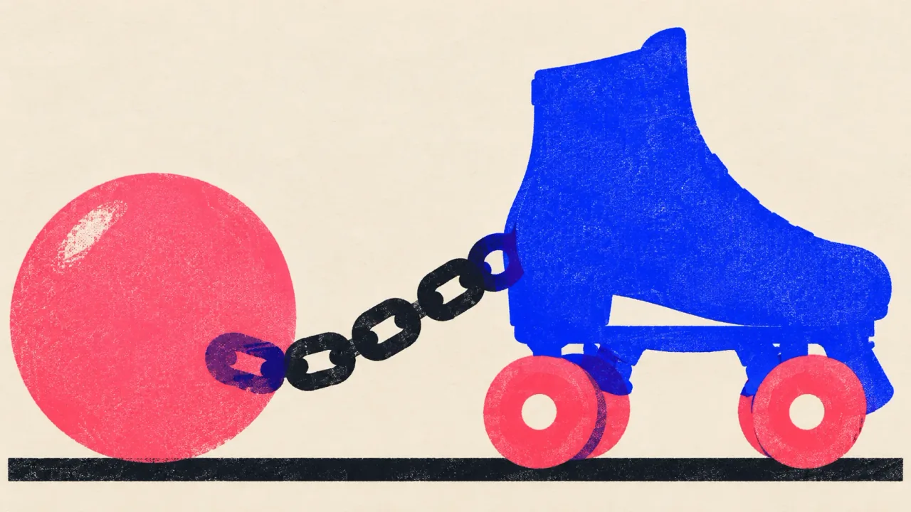 Illustration of a roller skate chained to a heavy iron ball.