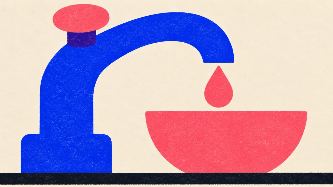 Illustration of a kitchen faucet releasing a single drop into a bowl.