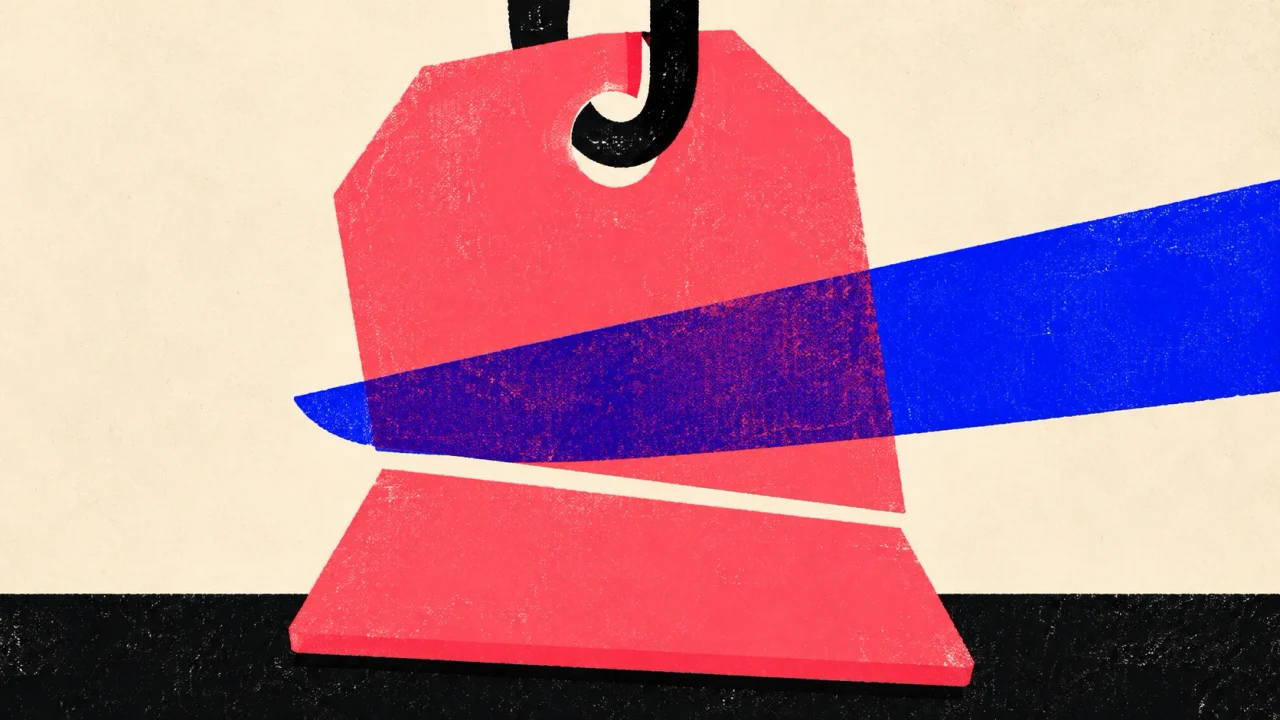 Illustration of an oversized price tag hanging from a hook, cut clean through the middle by a blade, with the severed offcut fallen to the floor.