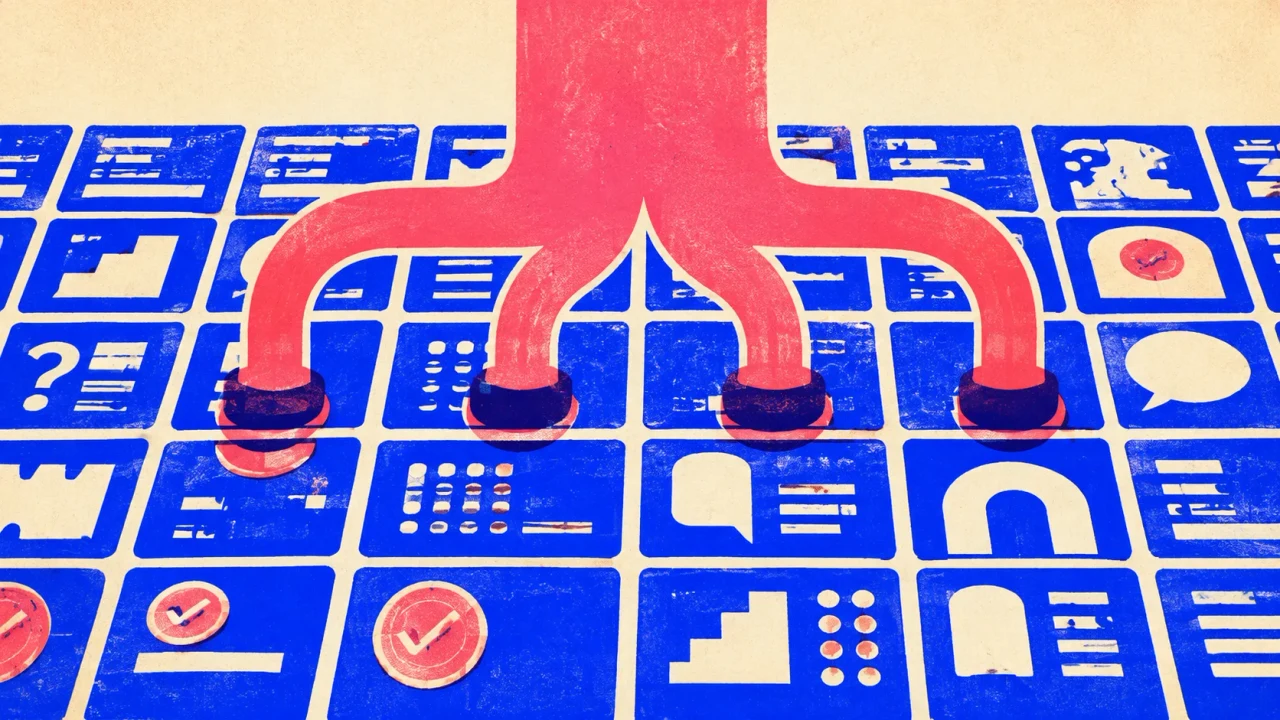 Illustration of a wide pipe branching down into a grid of product tiles, one branch plugged into each tile.