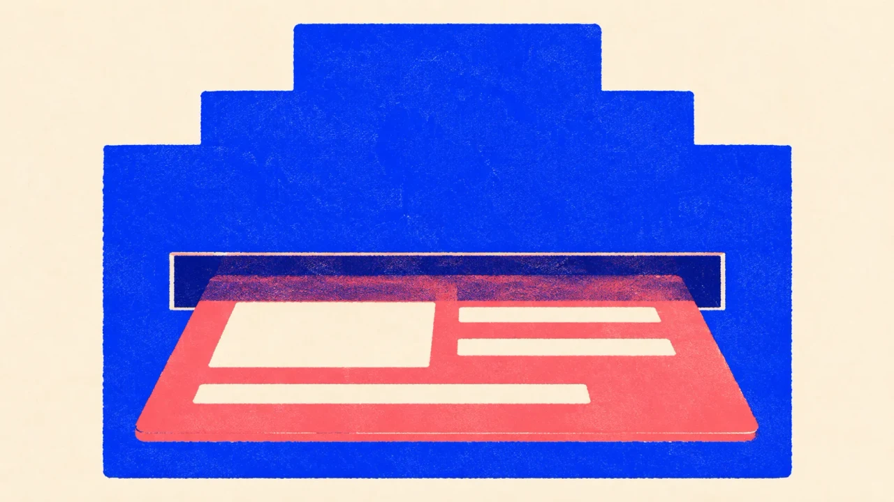 Illustration of a finished article card sliding into an open slot in the front of a stepped storefront block.