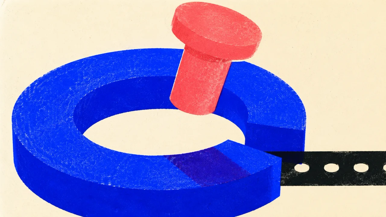 Illustration of an oversized open latch ring with its pin lifted clear and a short rail running out of the opening.