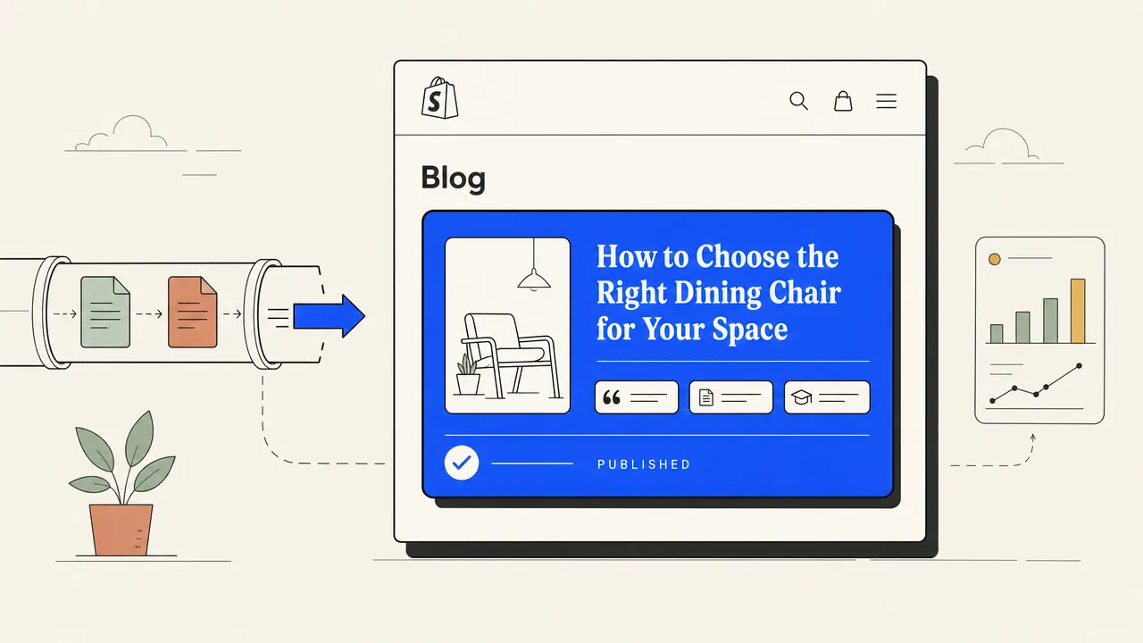 Editorial illustration of a finished article moving through a quality gate into a Shopify blog.