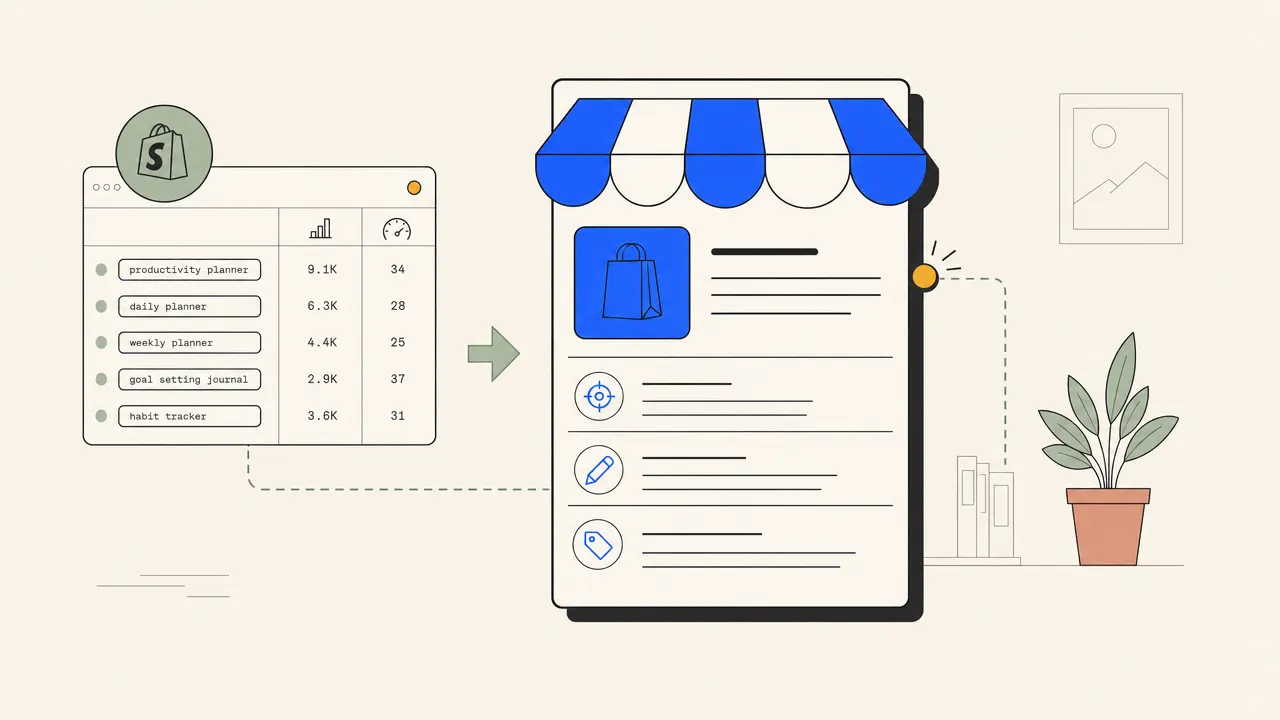 Editorial illustration comparing a technical audit checklist with a completed Shopify blog article.