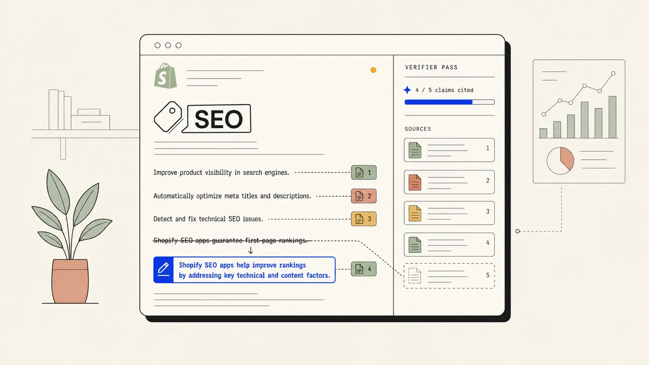 Editorial illustration of live keyword data and cited sources feeding a Shopify article draft.