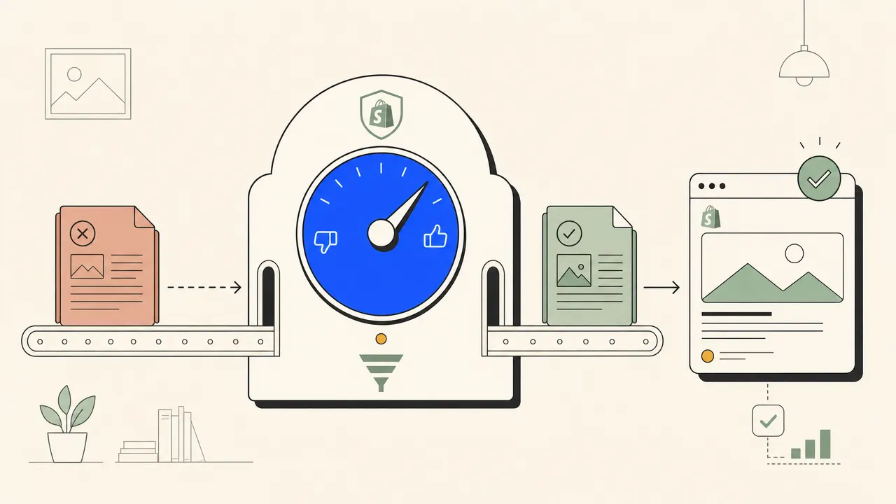 Editorial illustration of a quality gate routing an approved article to publish and a weak draft back for revision.