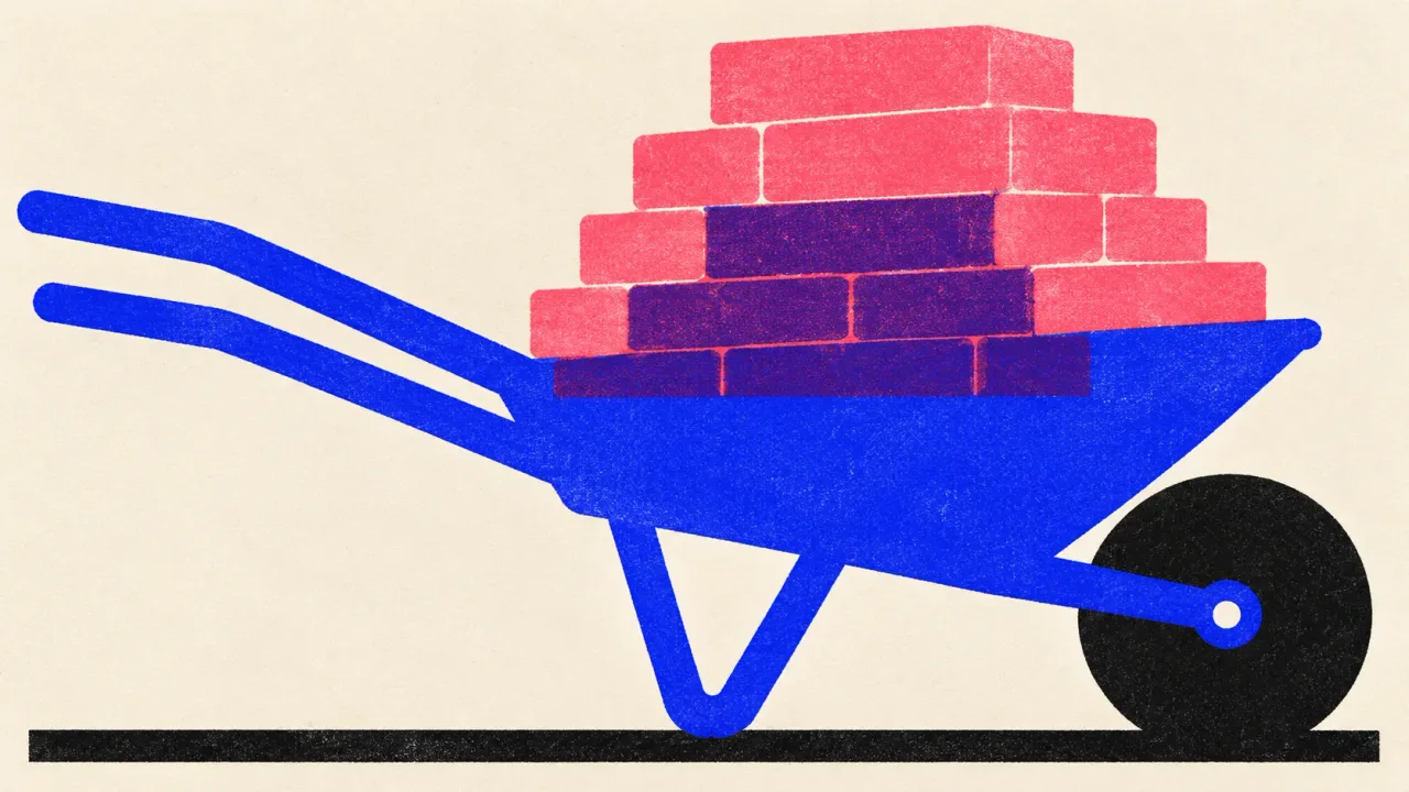 Illustration of a wheelbarrow carrying a tall stack of blocks along a flat baseline.