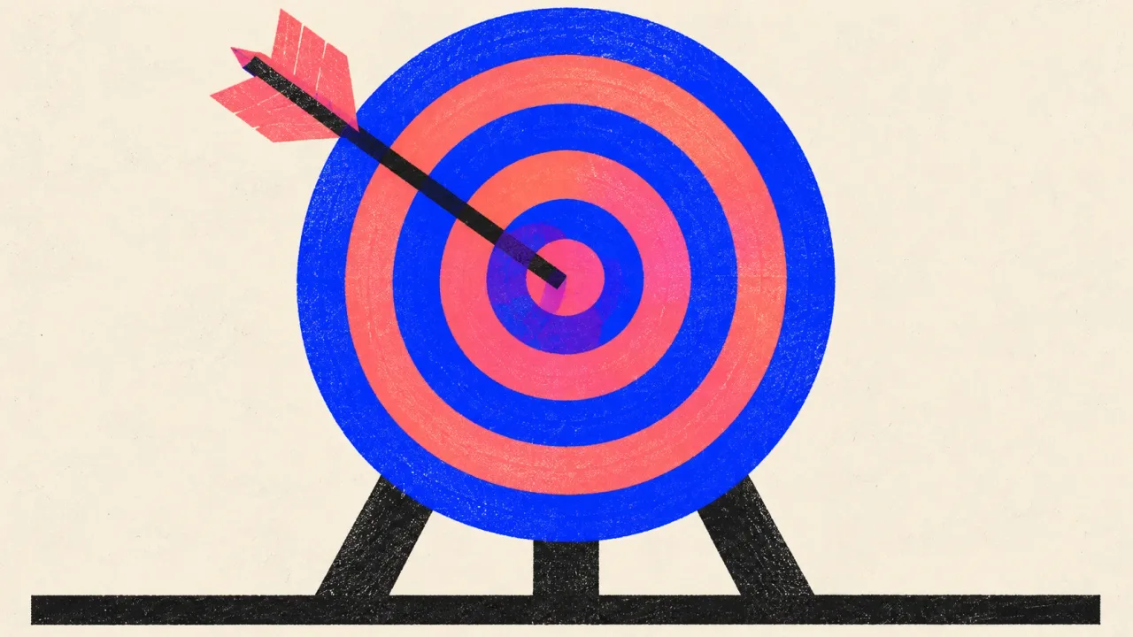 Illustration of an archery target board with a single arrow buried in the innermost ring.