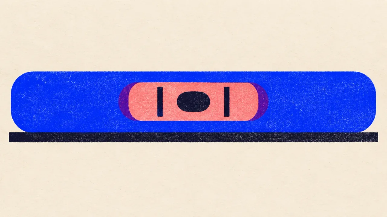 Illustration of a long spirit level lying flat with its bubble resting exactly between the centre marks.