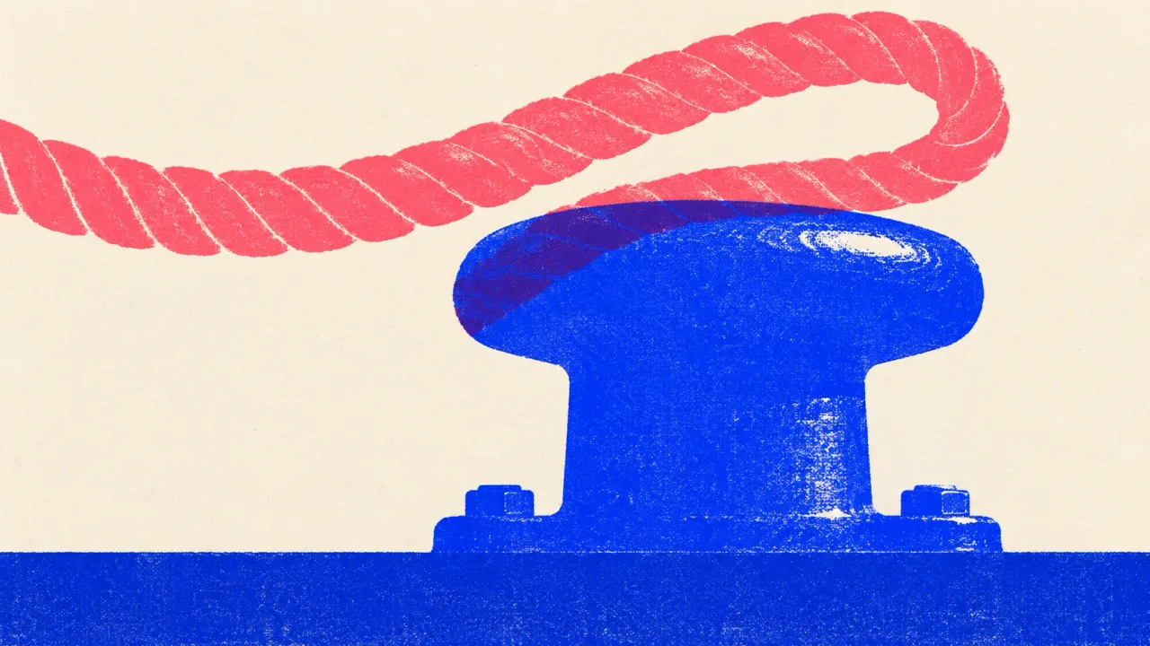 Illustration of a mooring bollard on a quay with a thick rope loop lifted clear of it, free to go.