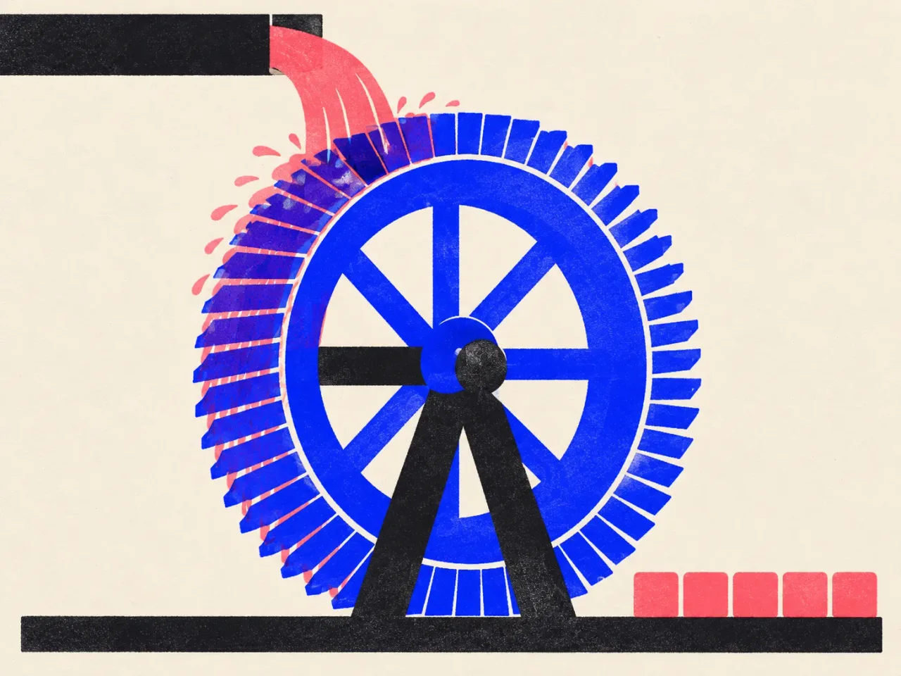 Diagram of a water wheel turned by a steady stream, with a row of finished blocks lined up beside it.