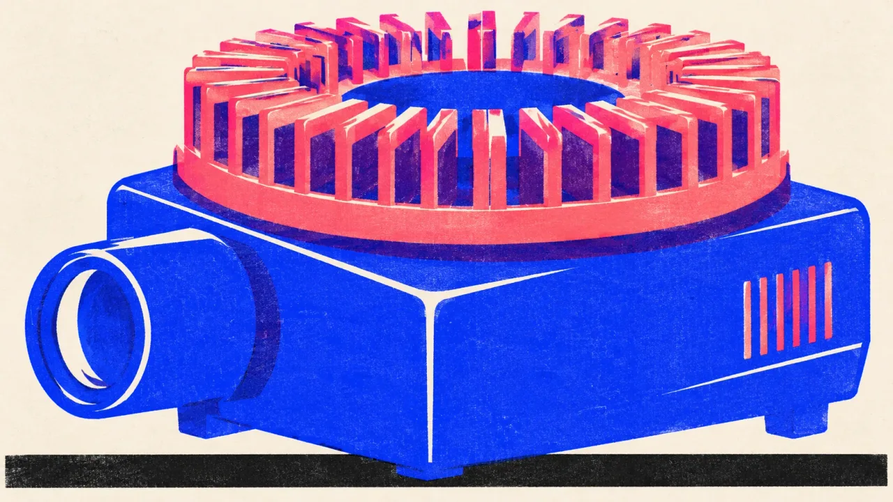 Illustration of a carousel slide projector with every slot of its round tray loaded with a slide.