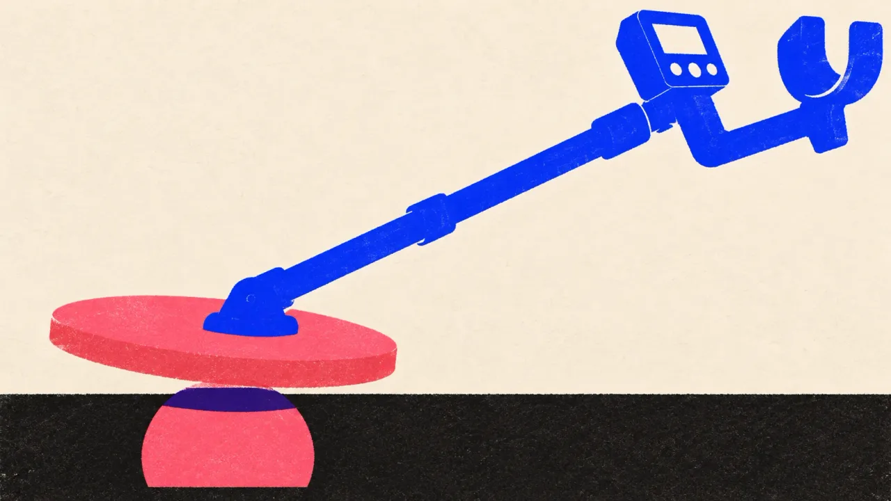 Illustration of a metal detector hovering over one disc buried in the ground.