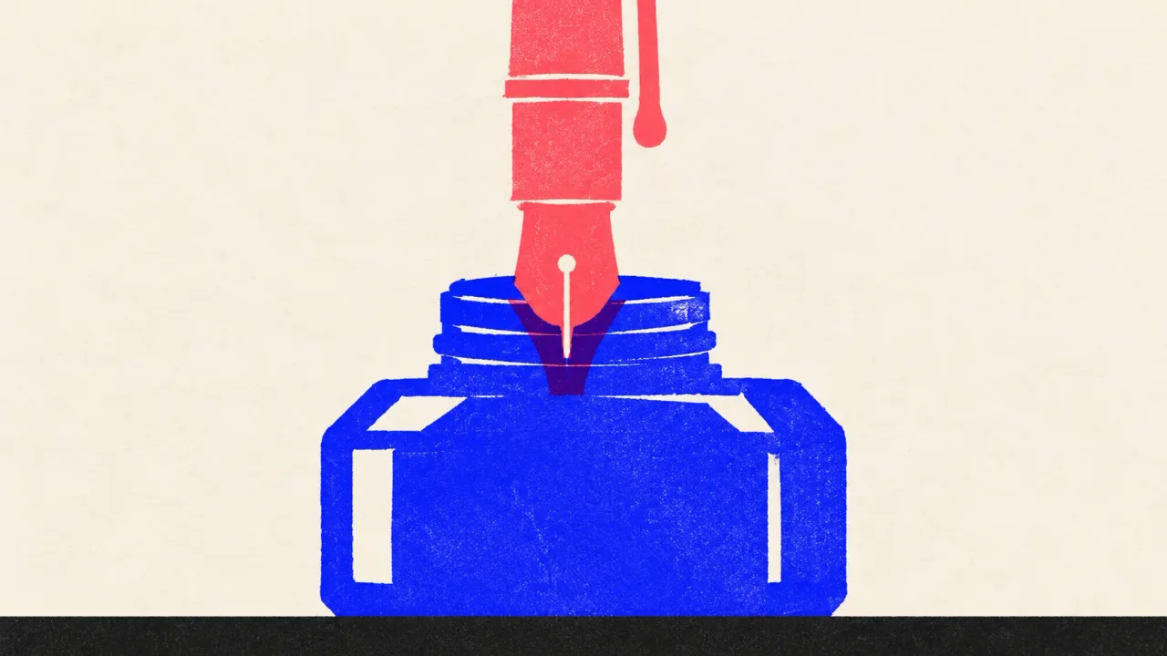 Illustration of a fountain pen standing with its nib dipped into a square ink bottle.