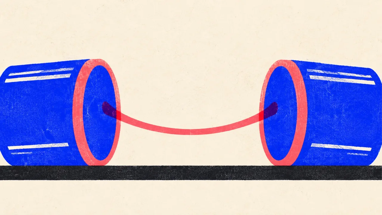 Illustration of two tin cans joined by a taut string.