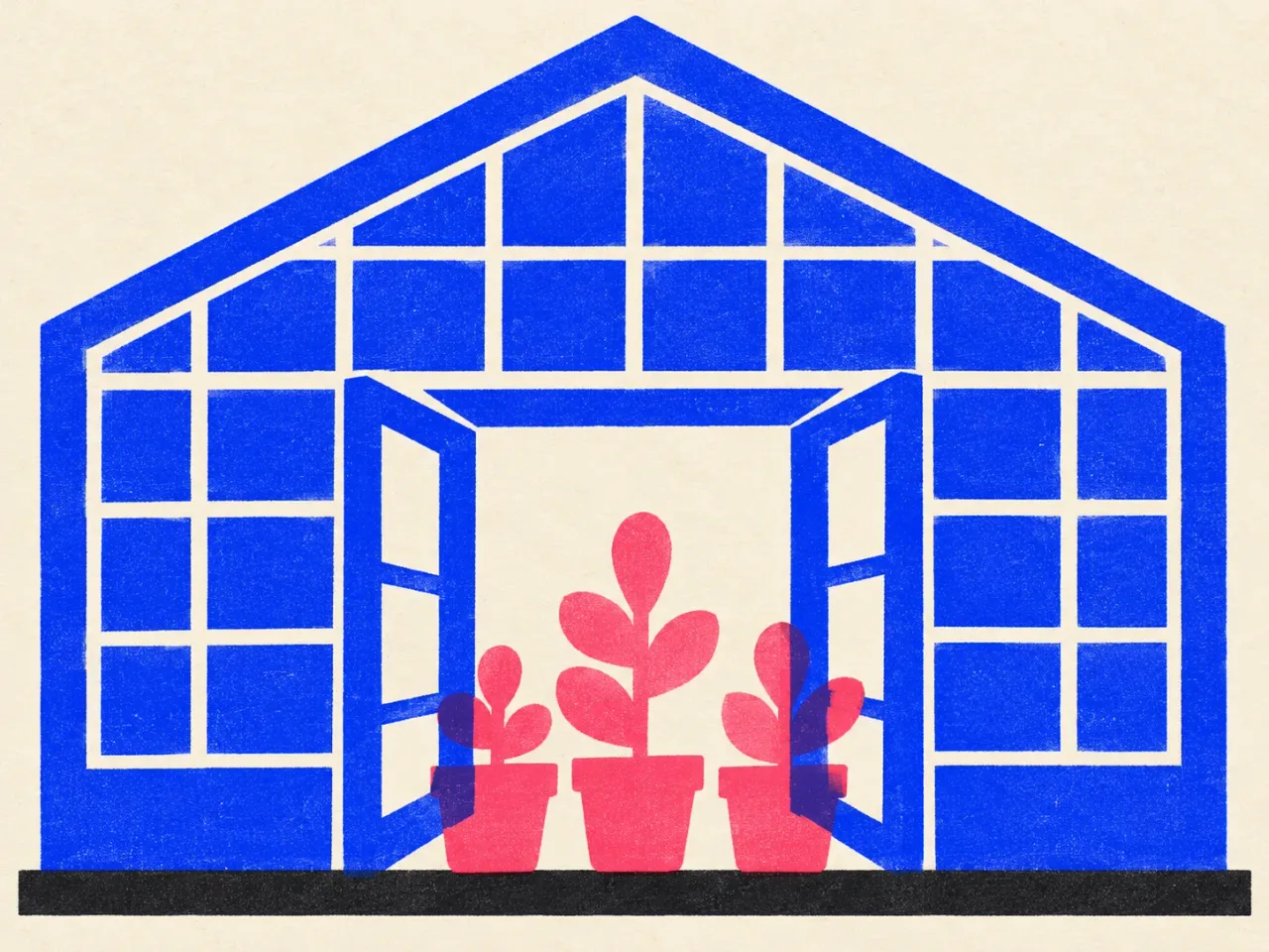 Illustration of a greenhouse with its door open and three potted seedlings of different heights standing in front of it.