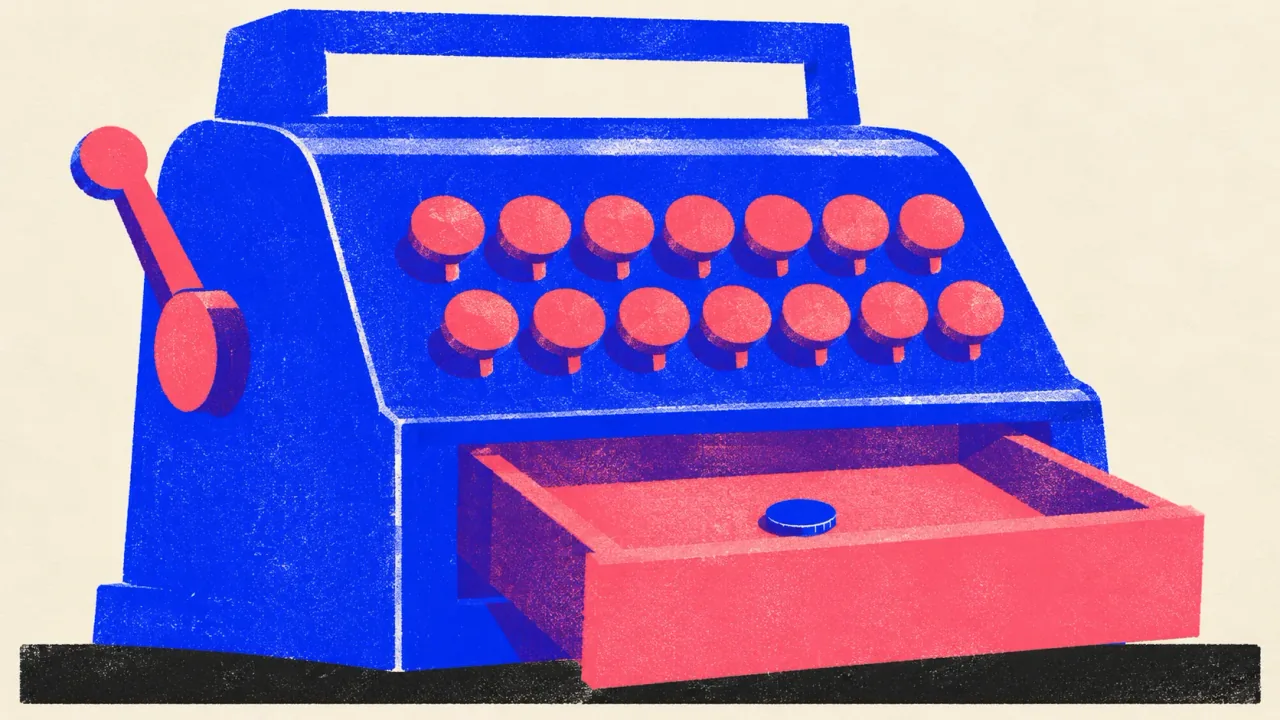 Illustration of an oversized mechanical cash register with its drawer slid open, holding a single coin in an otherwise empty tray.