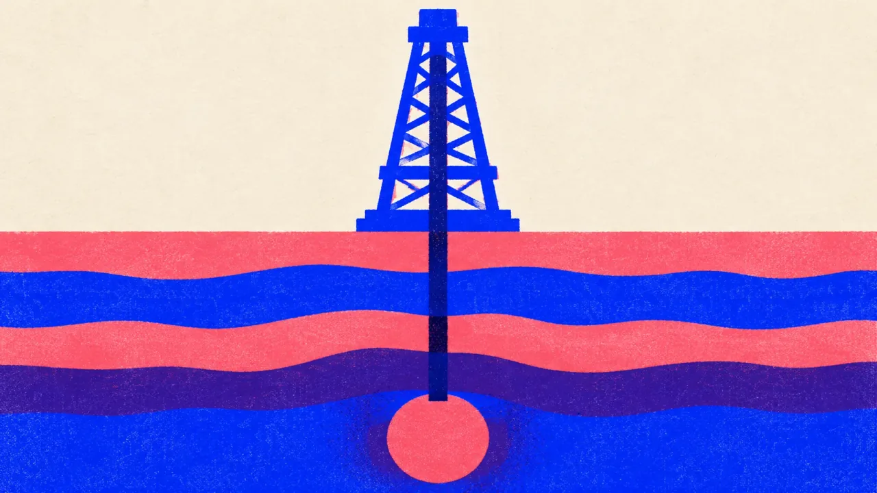 Illustration of a drilling derrick sending one pipe down through stacked layers of ground to a single bright nugget at the bottom.