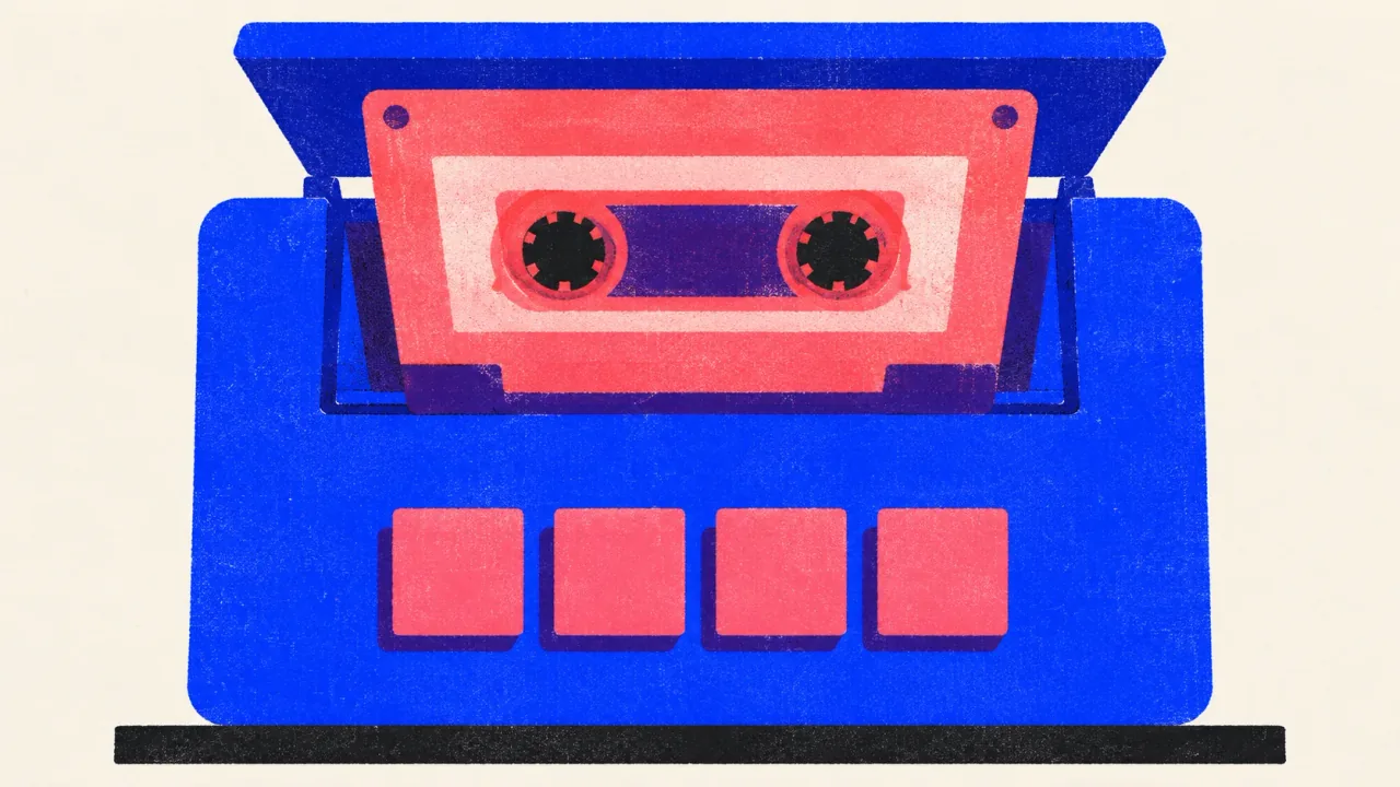 Illustration of a boxy cassette deck with its loading door open and one cassette sliding into place.