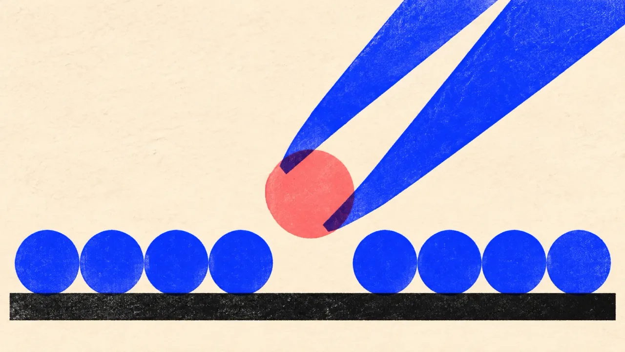Illustration of a pair of precision tweezers lifting one odd pellet out of a long row of matching pellets, leaving a visible gap.