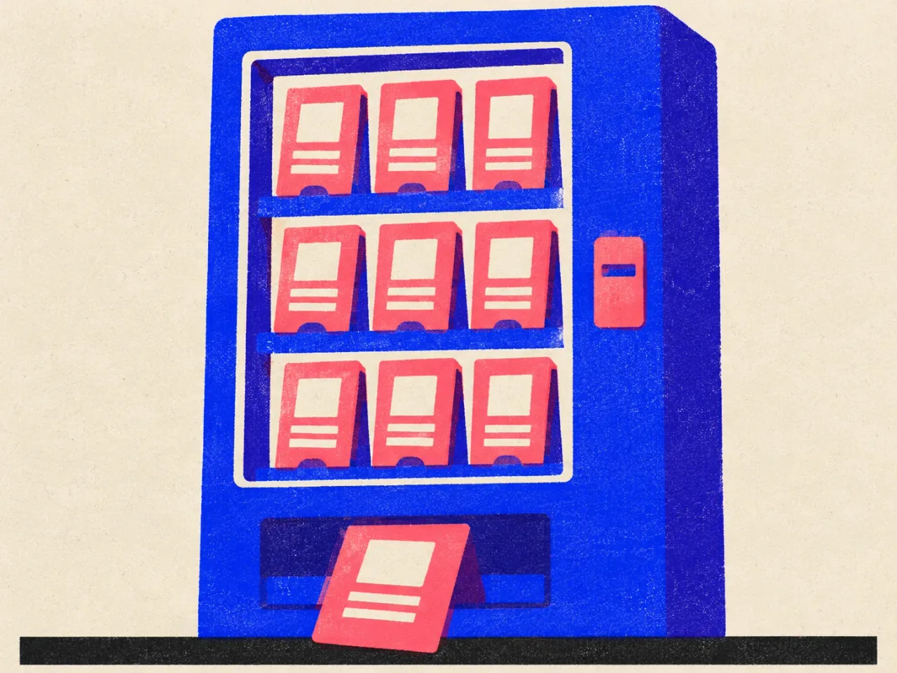 Illustration of a tall vending machine stocked with rows of article cards, dropping one finished article into its delivery tray.